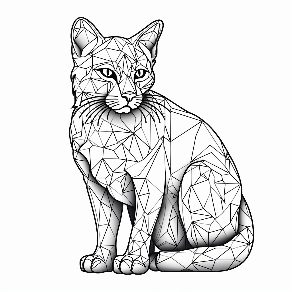 sitting cat coloring page looking to the side with geometic lines